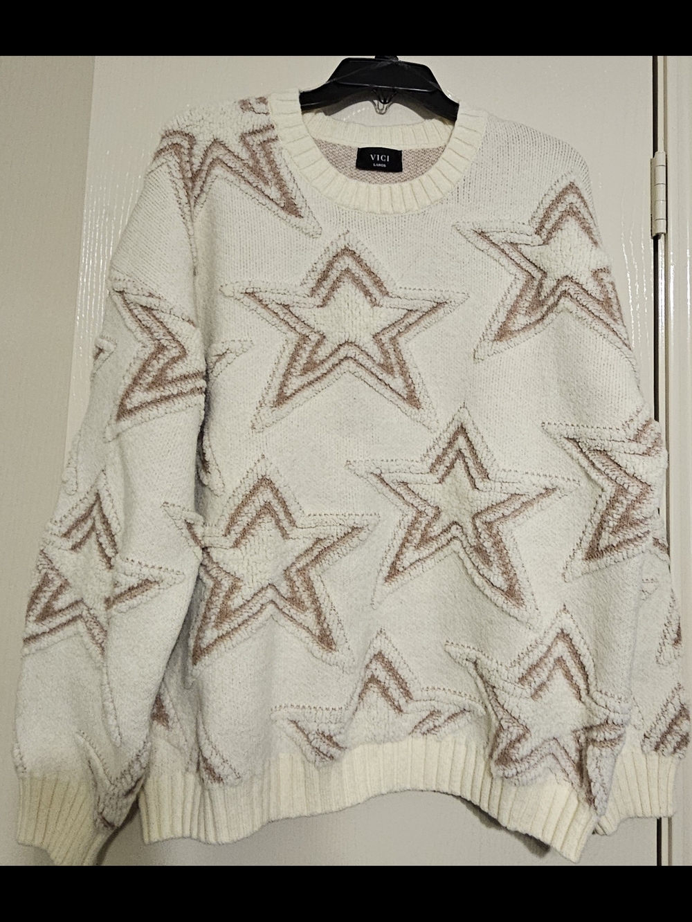 Vici Cream Knit Star Sweater with Tan Accents